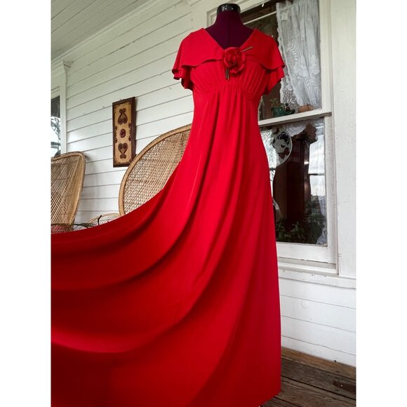 Vintage 1970s Red Maxi Dress Butterfly wing sleeves attached Rose - Picture 2 of 15